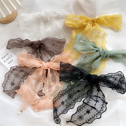 Sciarpa Lunga In Pizzo Ricamo Floreale Ciondolo Perla Artificial Elegante Nastro Capelli Foulard Tinta Unita Per Donne
