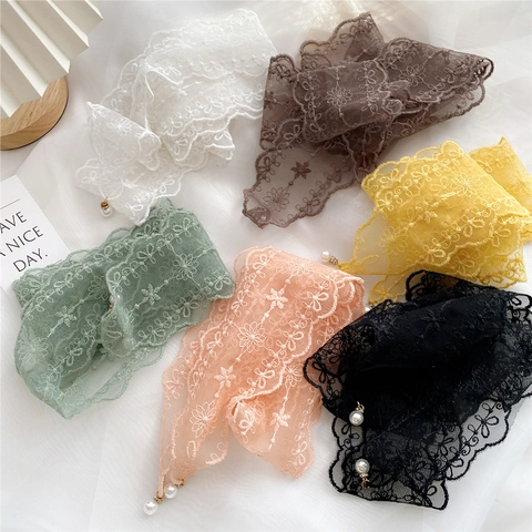 Sciarpa Lunga In Pizzo Ricamo Floreale Ciondolo Perla Artificial Elegante Nastro Capelli Foulard Tinta Unita Per Donne