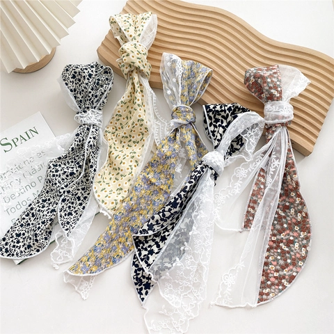 Vintage Floral Lace Scarf For Women Long Chiffon Hair Band Ribbon French Style Neck Scarf Elegant Fashion Accessory