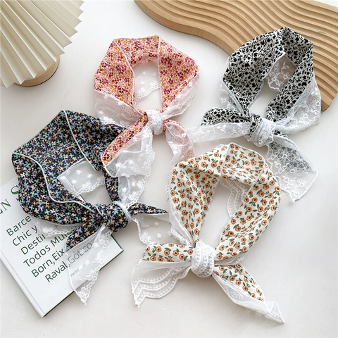 Vintage Floral Lace Scarf For Women Long Chiffon Hair Band Ribbon French Style Neck Scarf Elegant Fashion Accessory