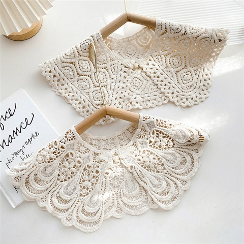 Colletto Finto Staccabile In Pizzo Di Cotone Crochet Traforato Scialle Piccolo Bottone Vintage Donna Avvolgimento Decorativo