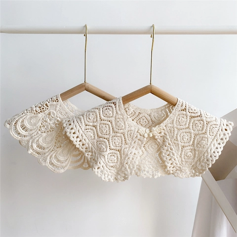 Colletto Finto Staccabile In Pizzo Di Cotone Crochet Traforato Scialle Piccolo Bottone Vintage Donna Avvolgimento Decorativo