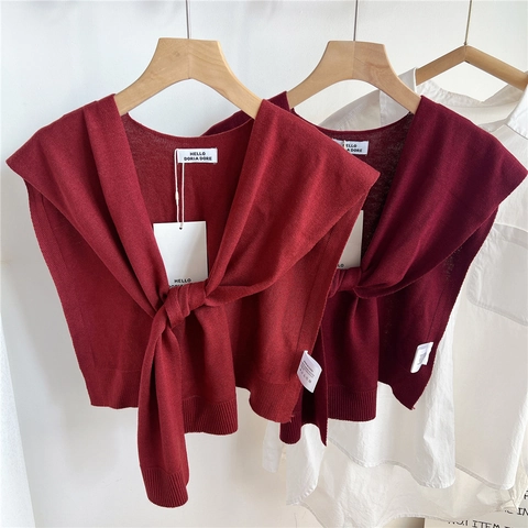 Scialle In Maglia Da Donna Tinta Unita Nodo Spalla Stile Coreano Colletto Decorativo Per Ambienti Climatizzati