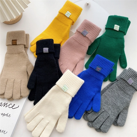 Guantes De Punto Acrílico PBT Cálido Invierno Compatible Pantalla Táctil Color Sólido Puños Acanalados Unisex Térmico