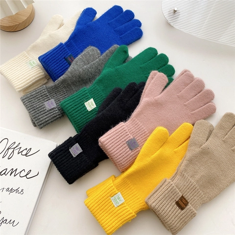 Guantes De Punto Acrílico PBT Cálido Invierno Compatible Pantalla Táctil Color Sólido Puños Acanalados Unisex Térmico