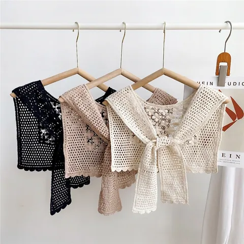 Cuello Falso Crochet Algodón Retro Chal Encaje Floral Hueco Lazo Ajustable Elegante Accesorio De Cuello Para Mujer