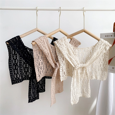 Women Hollow Crochet Shawl Fake Collar Cotton Lace Tie Front Summer Dress Shoulder Wrap French Vintage Boho Accessory