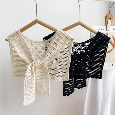 Cuello Falso Crochet Algodón Retro Chal Encaje Floral Hueco Lazo Ajustable Elegante Accesorio De Cuello Para Mujer