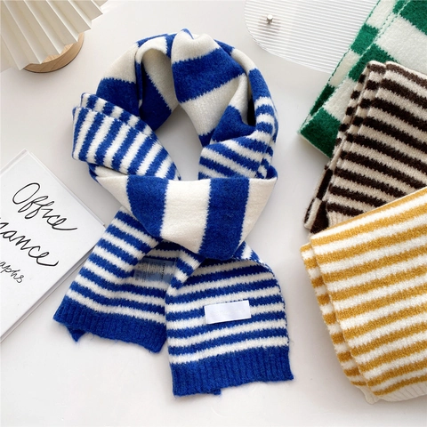 Écharpe En Tricot À Rayures Hiver Chaud Fil Doux Épais Cache-Cou Style Coréen Japonais Minimaliste Pour Femmes