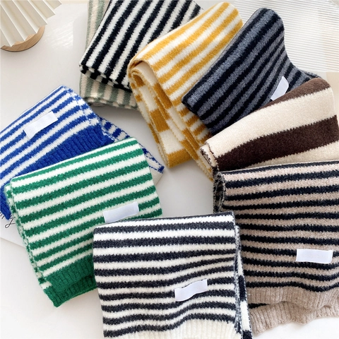 Écharpe En Tricot À Rayures Hiver Chaud Fil Doux Épais Cache-Cou Style Coréen Japonais Minimaliste Pour Femmes