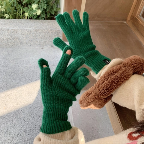 Strickhandschuhe Acryl Und PBT Winter Warm Touchscreen Freundlich Fingeröffnungen Waffelmuster Einfarbig Für Damen