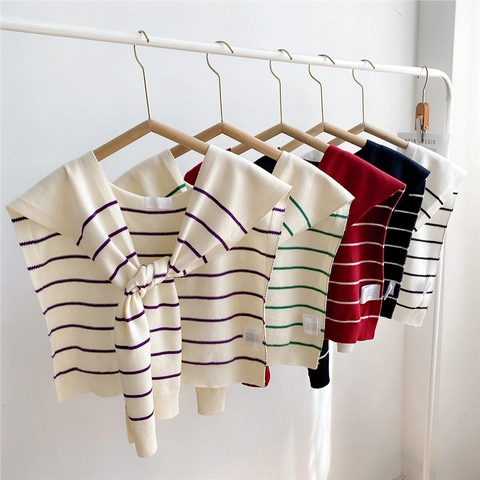 Chal De Punto A Rayas Cuello Falso Desmontable Capa Con Lazo Elegante Estilo Náutico Academia Para Mujeres