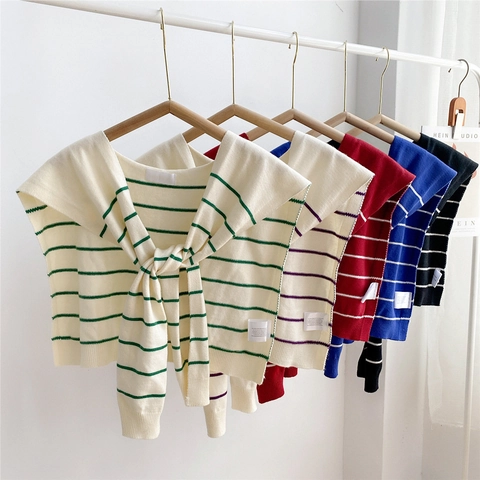 Chal De Punto A Rayas Cuello Falso Desmontable Capa Con Lazo Elegante Estilo Náutico Academia Para Mujeres