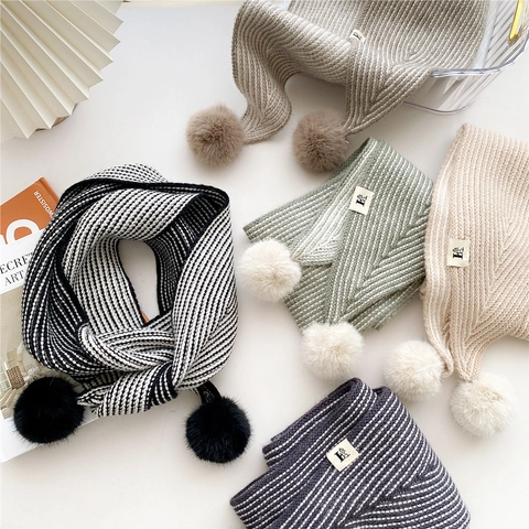 Sciarpa In Maglia A Righe Con Doppi Pom Pon Lunga Sciarpa Invernale Calda Stile Ins Giapponese Moda Versatile Donna