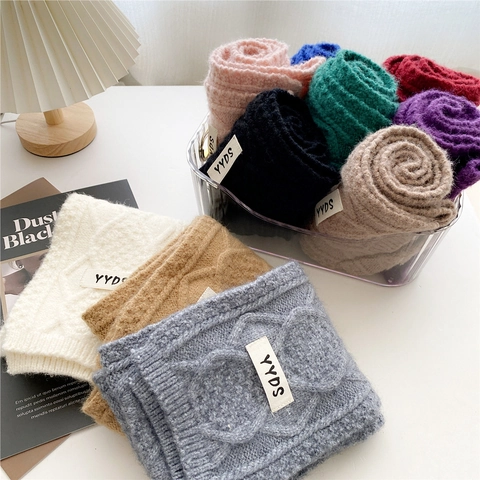 Winter Cable Knit Scarf Warm Polyester Solid Color Long Muffler With Letter Label Korean Style For Men Women