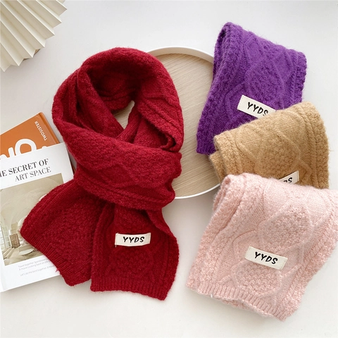 Winter Cable Knit Scarf Warm Polyester Solid Color Long Muffler With Letter Label Korean Style For Men Women
