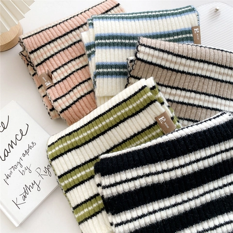Winter Striped Knitted Scarf Women Warm Long Polyester Ribbed Neck Wrap Soft Japanese Ins Style With Leather Patch