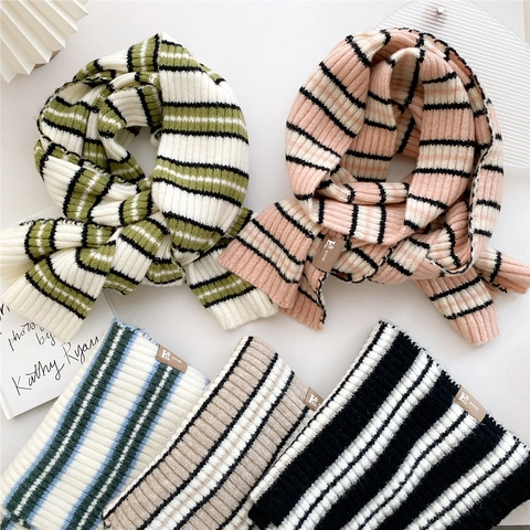 Winter Striped Knitted Scarf Women Warm Long Polyester Ribbed Neck Wrap Soft Japanese Ins Style With Leather Patch