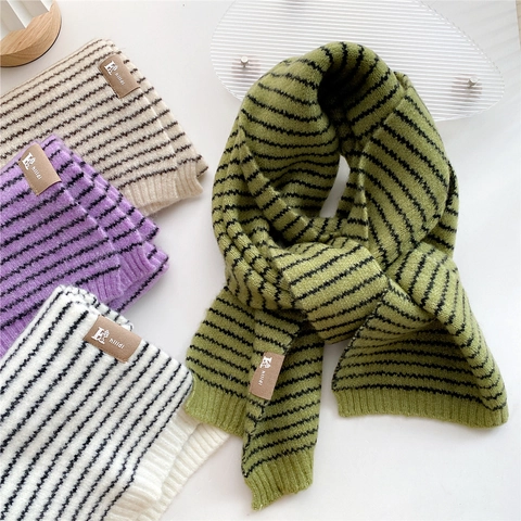 Women Striped Knitted Winter Scarf Thick Warm Korean Style Polyester Acrylic Soft Neck Wrap With Decorative Label
