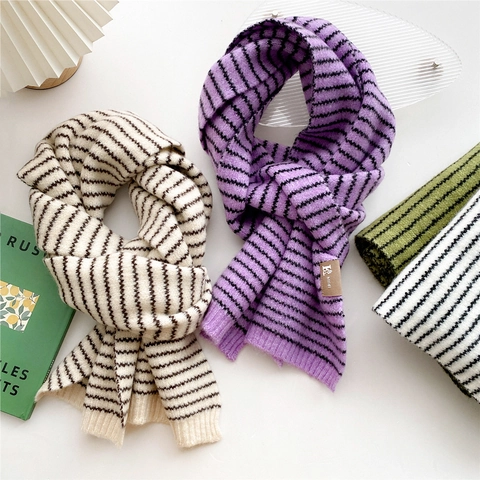 Women Striped Knitted Winter Scarf Thick Warm Korean Style Polyester Acrylic Soft Neck Wrap With Decorative Label