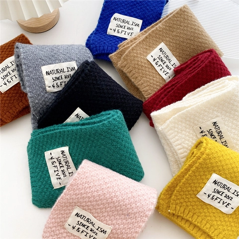 Women Winter Knitted Scarf Thick Warm Solid Color Long Neck Wrap With Patch Decor Korean Style Chic Soft Accessories