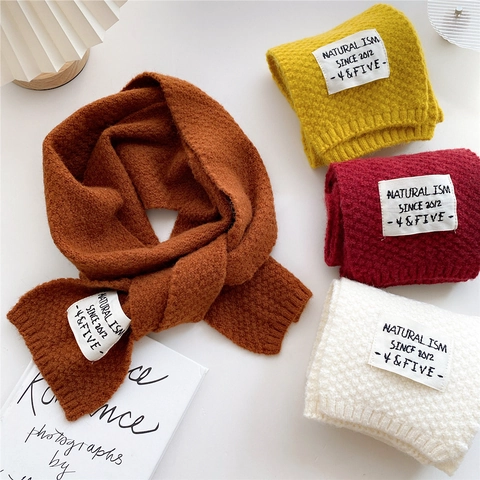 Women Winter Knitted Scarf Thick Warm Solid Color Long Neck Wrap With Patch Decor Korean Style Chic Soft Accessories