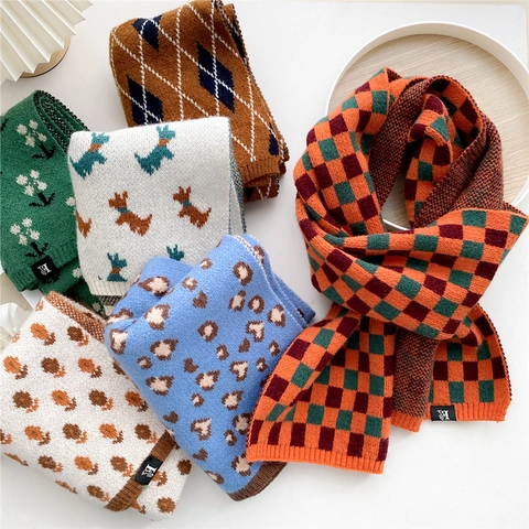 Knit Scarf Thickened Warm Winter Long Polyester Knitted Checkerboard Argyle Floral Leopard Print Retro Korean Style Woman