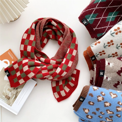 Knit Scarf Thickened Warm Winter Long Polyester Knitted Checkerboard Argyle Floral Leopard Print Retro Korean Style Woman