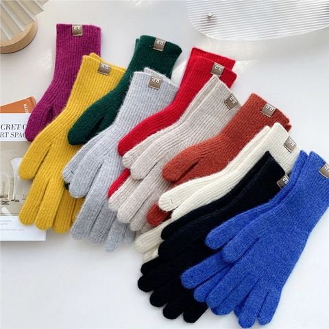 Winter Warm Knitted Gloves Solid Color Full Finger Polyester Elastic Ribbed Cuff Leather Label Fashion Cold Protection For Men Women