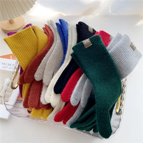 Winter Warm Knitted Gloves Solid Color Full Finger Polyester Elastic Ribbed Cuff Leather Label Fashion Cold Protection For Men Women