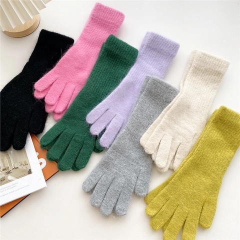 Guantes De Punto De Dedo Completo Para Mujer Mullidos Cálidos Gruesos Puños Nervados Largos Color Sólido Invierno