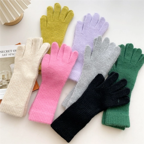 Guantes De Punto De Dedo Completo Para Mujer Mullidos Cálidos Gruesos Puños Nervados Largos Color Sólido Invierno