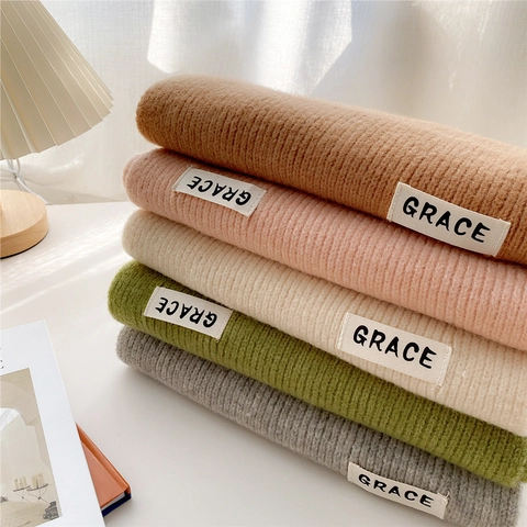 Solid Color Ribbed Knit Scarf Polyester Thick Warm Winter Neck Warmer Minimalist Letter Label For Women Girls