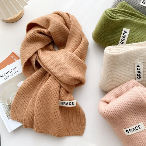 Solid Color Ribbed Knit Scarf Polyester Thick Warm Winter Neck Warmer Minimalist Letter Label For Women Girls