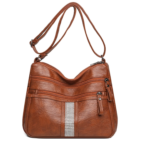 Women Crossbody Bag Soft PU Leather Multi Zipper Pockets Vintage Large Capacity Rhinestone Decor Shoulder Purse Casual