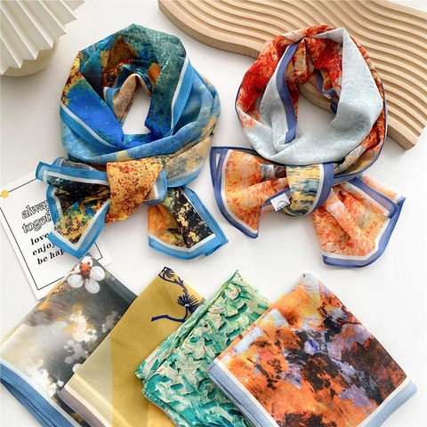 Elegant Long Scarf For Women Lightweight Polyester Artistic Oil Painting Print Sun Protection Breathable Shawl Accessory