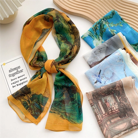 Elegant Long Scarf For Women Lightweight Polyester Artistic Oil Painting Print Sun Protection Breathable Shawl Accessory