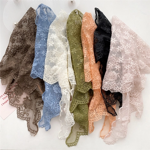 Women Lace Triangle Scarf Hollow Out Floral Embroidery Mesh Headband Neck Tie French Style Retro Elegant Hair Wrap Accessory