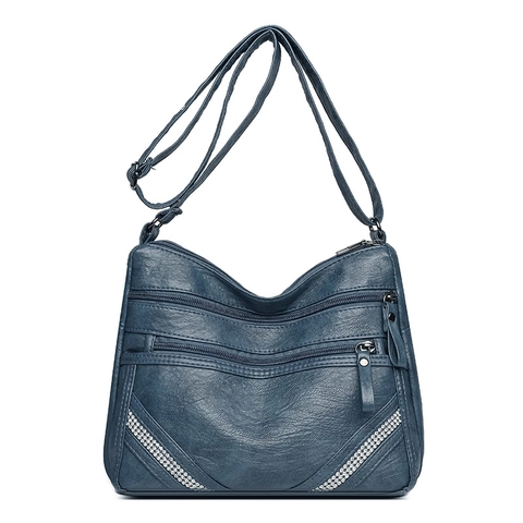 Women Soft PU Leather Crossbody Bag Multi Zipper Compartments Rhinestone Decor Adjustable Strap Large Capacity Daily