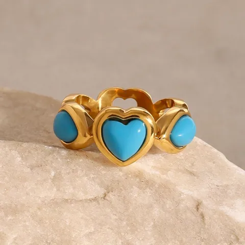 Anillo En Forma De Corazón Turquesa Azul Acero Inoxidable Chapado En Oro Hueco Moda Joyería Vintage Para Mujer Hipoalergénico
