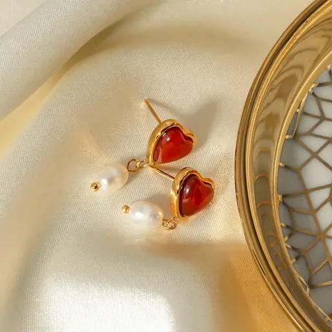 Vintage Edelstahl Herz Roter Achat Ohrringe Für Damen Elegante Vergoldete Künstliche Perlenohrringe Schmuck Geschenk