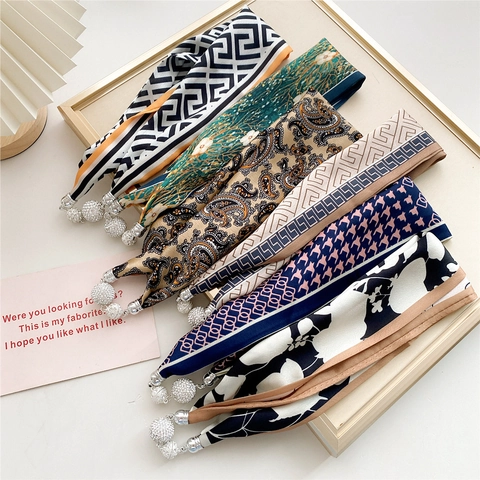 Women Satin Like Narrow Scarf Necklace Magnetic Rhinestone Ball Buckle Neck Wrap Geometric Paisley Floral Print Ribbon
