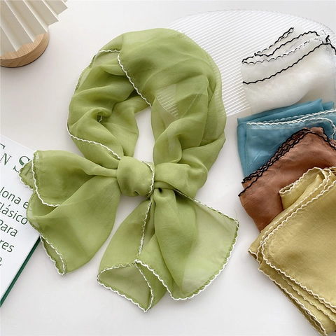 Pañuelo Estrecho Largo Mujer Gasa Color Sólido Con Borde Ondulado Contrastado Cinta Decoración De Bolso Elegante