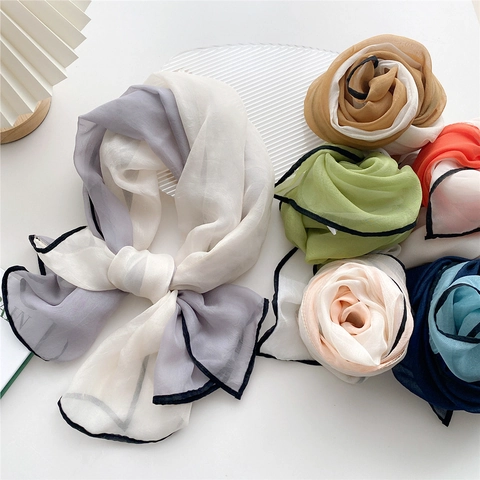 Modischer Farbblock Satinnschal Langer Chiffon Band Für Frauen Koreanischer Stil Dünne Leichte Vielseitige Krawatte