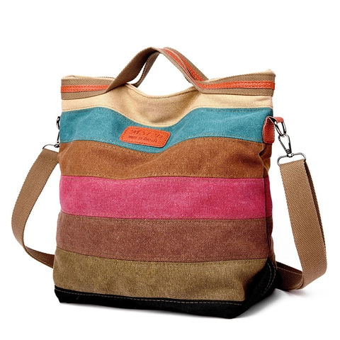 Borsa Tote In Tela A Righe Multicolore Grande Capacità Borsa A Tracolla Casual Viaggio Retro Per Donna