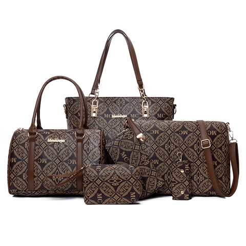 Vintage Monogram Print Tote Boston Shoulder Bag Handbag Wallet PU Leather Fashion Retro Large Capacity For Women