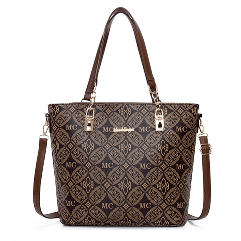 Vintage Monogram Print Tote Boston Shoulder Bag Handbag Wallet PU Leather Fashion Retro Large Capacity For Women