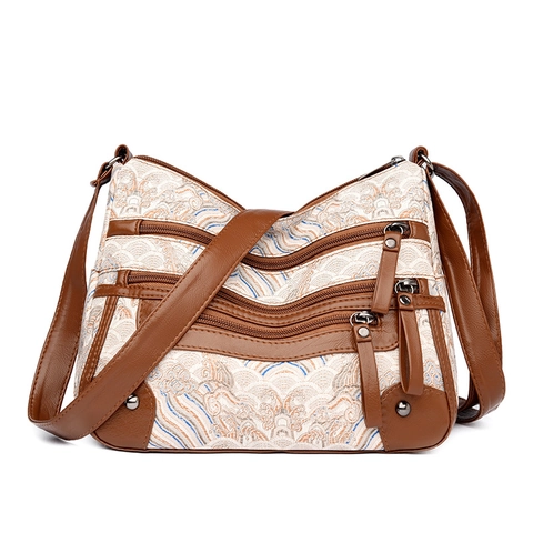 Women Crossbody Bag Jacquard Fabric PU Leather Stitching Multi Zipper Pockets Large Capacity Retro Ethnic Style Vintage