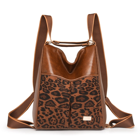 Zaino Donna Multifunzionale Stampa Leopardata Vintage Pelle PU Grande Capacità Borsa A Tracolla Moda Viaggio Quotidiano