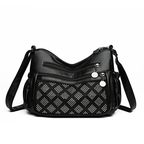 Women Crossbody Bag PU Leather Litchi Texture Rhinestone Checkerboard Multi Zipper Pockets Large Capacity Retro Fashion